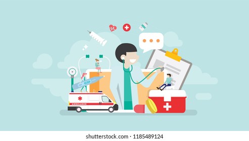 Online Doctor Consultation Tiny People Character Concept Vector Illustration, Suitable For Wallpaper, Banner, Background, Card, Book Illustration, And Web Landing Page