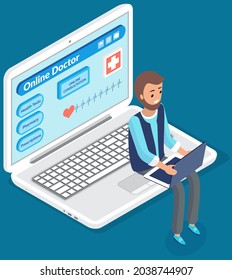 Médico en línea. Consulta con el médico utilizando el concepto de comunicación remota aplicación médica en el ordenador. Un desarrollador de aplicaciones trabaja con software médico. Laptop con aplicación para conversación en línea