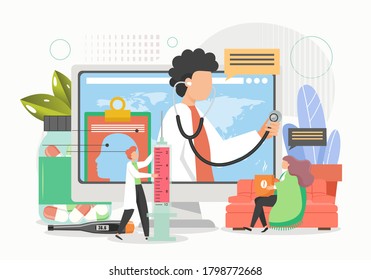 Online Doctor Consultation, Vector Flat Illustration. Male And Female Characters Patient And Medical Professionals. Virtual Doctor Visit, Telemedicine, Online Diagnosis And Treatment.