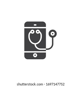 Online Doctor Consultation vector icon. filled flat sign for mobile concept and web design. Mobile phone with medical stethoscope glyph icon. Symbol, logo illustration. Vector graphics