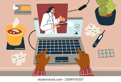 Online doctor consultation. Vector illustration showing a person typing on a laptop during a virtual medical appointment. Surrounding items include a hot drink, tissues, thermometer, and medication