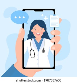 Online doctor consultation via mobile app. Hand holding phone, patient with medical asking help, treatment therapy and telemedicine concept. Physician character. Flat vector illustration.