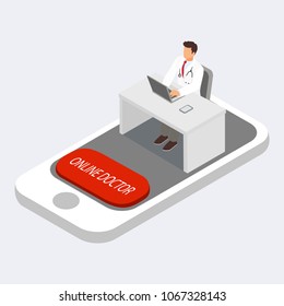 Online Doctor Consultation Via Smartphone Concept, Isometric Vector Illustration