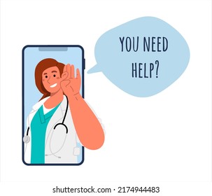 Consulta al médico en línea a través de videollamadas.Una doctora sonriente sujeta su mano a su oído y pregunta si necesita ayuda.Ayuda rápida con el teléfono móvil.Ilustración plana vectorial aislada en fondo blanco