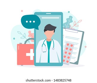 Online doctor consultation via your smartphone. Concept for medical app and websites. Flat vector illustration.