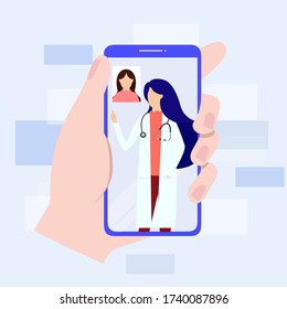 Online doctor consultation via your smartphone concept.Medical diagnostics over the Internet. Doctor online landing page vector. coronavirus, covid19. Vector, illustration, Eps, Flat design
