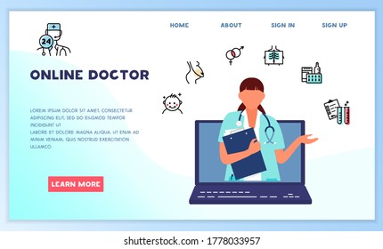 Online Doctor Consultation Website Template. Doctor Comes From Laptop Screen And Offers Help And Advise.  Medical Icons. Flat Vector Illustration.