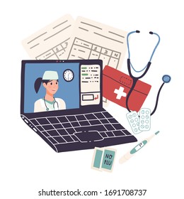 Online doctor consultation,distant healthcare on quarantine or self-isolation concept.Video call for medical exam on laptop,analysis tests on paper,stethoscope,no flu meds,pills,electronic thermometer