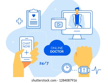 Online doctor consultation,support help web service icons set,healthcare medicine concept.Ready to use vector banners,buttons-Specialist avatar,patient card,clock,phone,pulse,hands,cloud,chat now