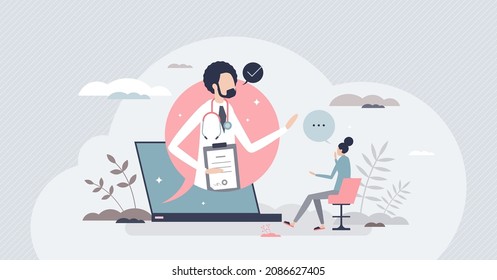 Online doctor counseling and healthcare appointment tiny person concept. Digital connection and distant meeting with specialist vector illustration. Professional advice and medical prescription help.