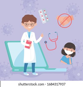 online doctor covid 19 prevention tips of the doctor wear mask, do not contact sick people vector illustration
