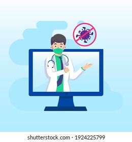 Online Doctor educate a pandemic corona virus warning with medical mask to protect. landing page website illustration flat vector