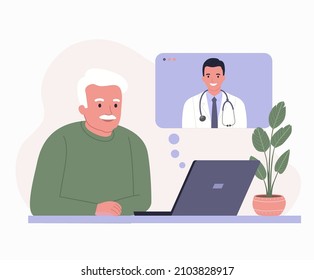 Online Doctor. Elderly Man Consults With A Doctor Through Video Chat.  Vector Flat Style Cartoon Illustration