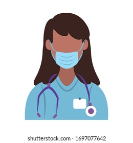 online doctor, female doctor with mask and stethoscope consultant medical protection covid 19 vector illustration, flat style icon