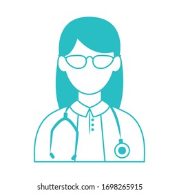 online doctor, female physician with glasses and stethoscope consultant medical protection covid 19 vector illustration, line style icon