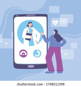 Online doctor, female practitioner and patient using smartphone medical advice or consultation service, vector illustration.