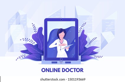 Plantilla vectorial de banner plano del médico en línea. Tecnología moderna en medicina, diseño de afiches de telemedicina. Ayuda profesional de Internet, videollamada. Médica mujer en la ilustración de la pantalla del comprimido con tipografía