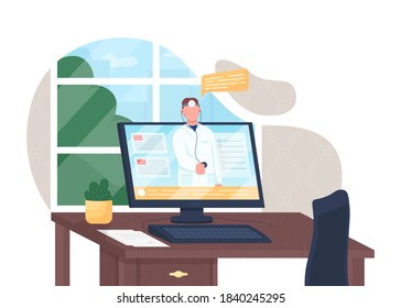 Online doctor flat concept vector illustration. Clinic support. Hospital appointment through internet. Electronic healthcare 2D cartoon character for web design. Telemedicine creative idea