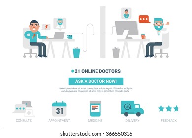 Online doctor flat design for landing page website or magazine illustration print