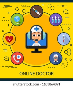 Online doctor flat icons concept. Vector illustration. Element template for design.