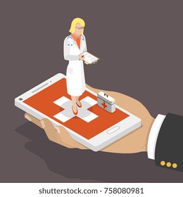 Online doctor flat isometric low poly vector concept. Hand holds a smartphone with a doctor on it that is writing out a prescription.