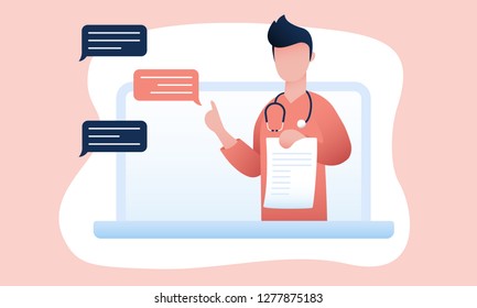Online doctor flat vector illustration. Patient remote support. Therapist Internet consulting. Physician male character advices. Medic video call and communication. Hospital, clinic virtual services.