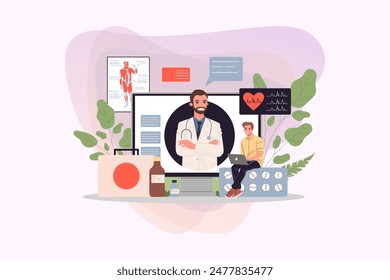 Online doctor flat vector illustration. Young patient with laptop chatting with practitioner. Medical consulting app for healthcare, medicine, internet communication concept