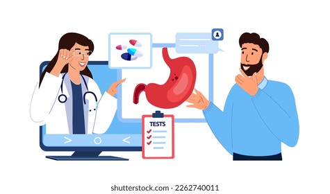 Online Doctor Gastroenterologist Consulating Patient.Curing Stomach Ache,Gastritis.Online Diagnostics,Medical Application.Clinic Consultation on Laptop,Zoom.Medical Hospital.Flat Vector Illustration