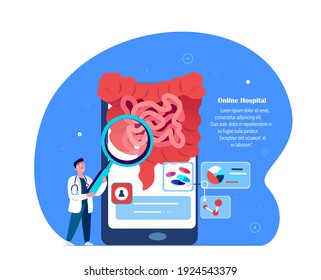 Online Doctor Gastroenterologist Researching Gastrointestinal Tract,Intestines,Bowel.Symptom Diagnostic Mobile Application.Smartphone Medical Hospital.Digital Treatment,Curing.Flat Vector Illustration
