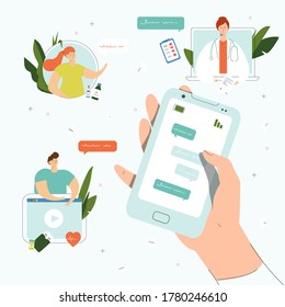 Online doctor. Hand holding phone for medical consulting. Doctor video calling on laptop. Online medical services. Healthcare concept. The quarantine concept. Vector illustration for websites 