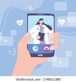 Online doctor, hand holds a smartphone using online an clinic app medical advice or consultation service, vector illustration