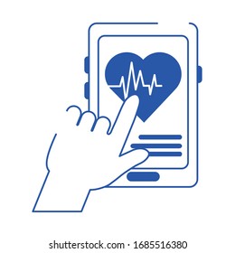 online doctor hand with smartphone heartbeat care blue line style icon vector illustration