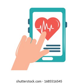 online doctor hand with smartphone heartbeat care flat style icon vector illustration