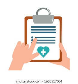 online doctor hands with clipboard report medical care flat style icon vector illustration