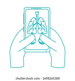 online doctor, hands with smartphone consultant medical protection covid 19 vector illustration, line style icon