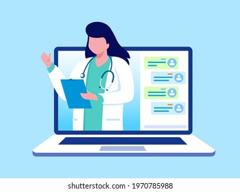 Online doctor health care concept. Doctor video call on a smartphone and laptop. Online medical services, medical consultation. Vector illustration for websites landing page templates