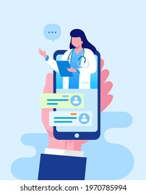 Online Doctor Health Care Concept. Doctor Video Call On A Smartphone And Laptop. Online Medical Services, Medical Consultation. Vector Illustration For Websites Landing Page Templates