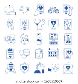 online doctor health medicine care blue line style icons set vector illustration