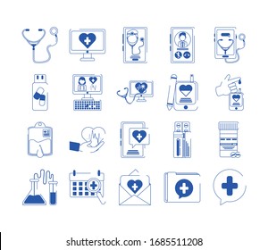 online doctor health medicine care blue line style icons set vector illustration