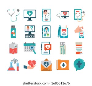 online doctor health medicine care flat style icons set vector illustration