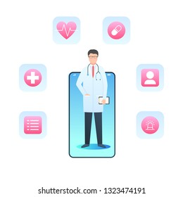 Online doctor, health service, medical consultation. Smartphone with medical app. Vector illustration in trendy flat style isolated on white background