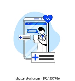 Online Doctor and Healthcare icon concept vector illustration. online consultation with doctor, online prescriptions, online medical check up. character cartoon Illustration flat style.