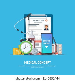 Online doctor, healthcare, medical concept. Clipboard with patient card, pills, medical stethoscope, alarm clock, coins and phone with medical service app on screen. Vector illustration in flat style.