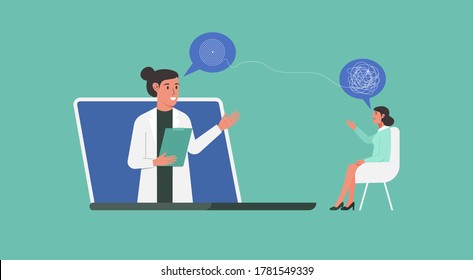 online doctor, healthcare and medical consultation or psychological help and support service concept, telemedicine, psychologist and patient, depression and stress, flat vector illustration