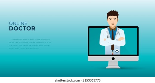 Online doctor. Healthcare services, physician with stethoscope on the PC screen. Vector for clinic web site. Light blue background