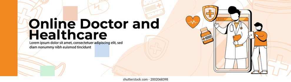 Online Doctor And Healthcare Web Banner Design.a Man A Consulting Doctor On A Health App. Online Doctor Application Header Or Footer Banner.