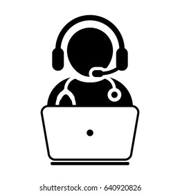 On-line Doctor Icon - Flat Vector, Person Avatar Symbol With Laptop and Wearing Headset for Consultation for Advice and Support Service for Patient in Glyph Pictogram illustration