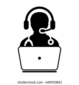 On-line Doctor Icon - Flat Vector, Person Avatar Symbol With Laptop and Wearing Headset for Consultation for Advice and Support Service for Patient in Glyph Pictogram illustration