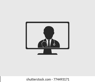 Online Doctor Icon. Doctor is on computer screen with gray background. 