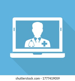  ONLINE doctor icon. Doctor with stethoscope vector sign with long shadow vector